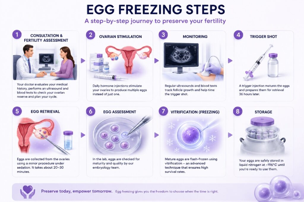 Infographic showing how to prepare for egg freezing step by step