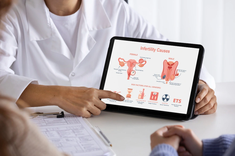 Gynecologist explaining uterine fibroids treatment options on a tablet